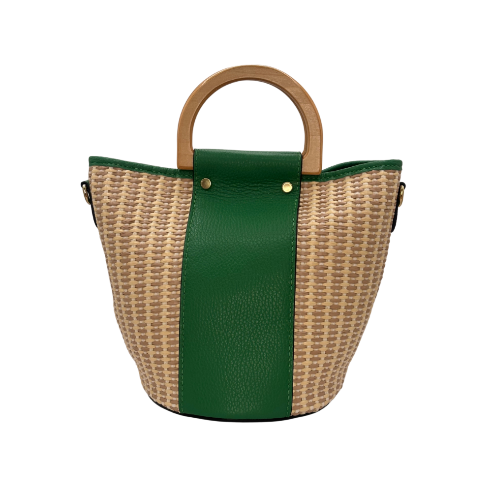 CM Bella Raffia Tote, Personalised Bag, Italian Raffia and Green Leather with 2 Wooden Handles