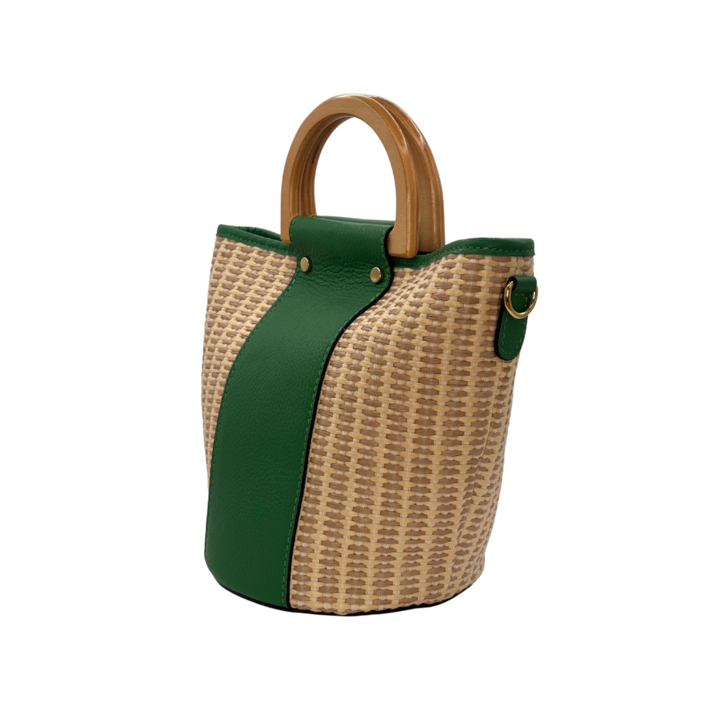 CM Bella Raffia Tote, Personalised Bag, Italian Raffia and Green Leather with 2 Wooden Handles