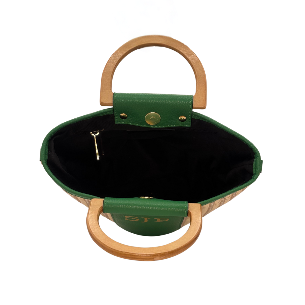 CM Bella Raffia Tote, Personalised Bag, Italian Raffia and Green Leather with 2 Wooden Handles