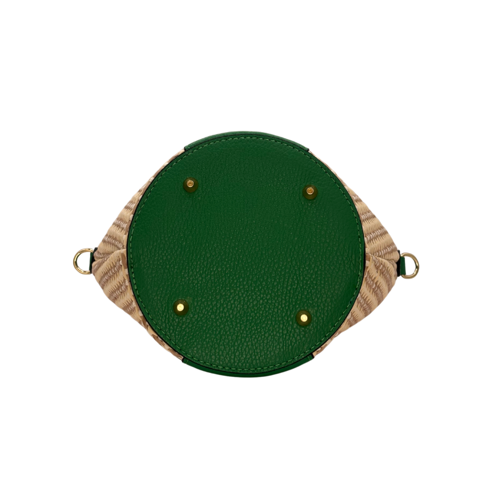 CM Bella Raffia Tote, Personalised Bag, Italian Raffia and Green Leather with 2 Wooden Handles