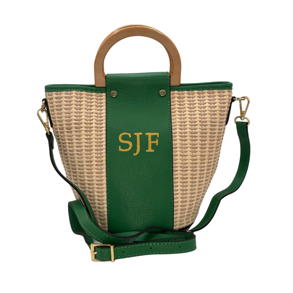 CM Bella Raffia Tote, Personalised Bag, Italian Raffia and Green Leather with 2 Wooden Handles
