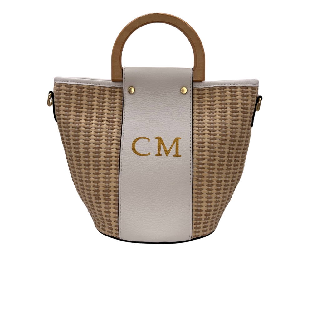 CM Bella Raffia Tote, Personalised Bag, Italian Raffia and White Leather with 2 Wooden Handles