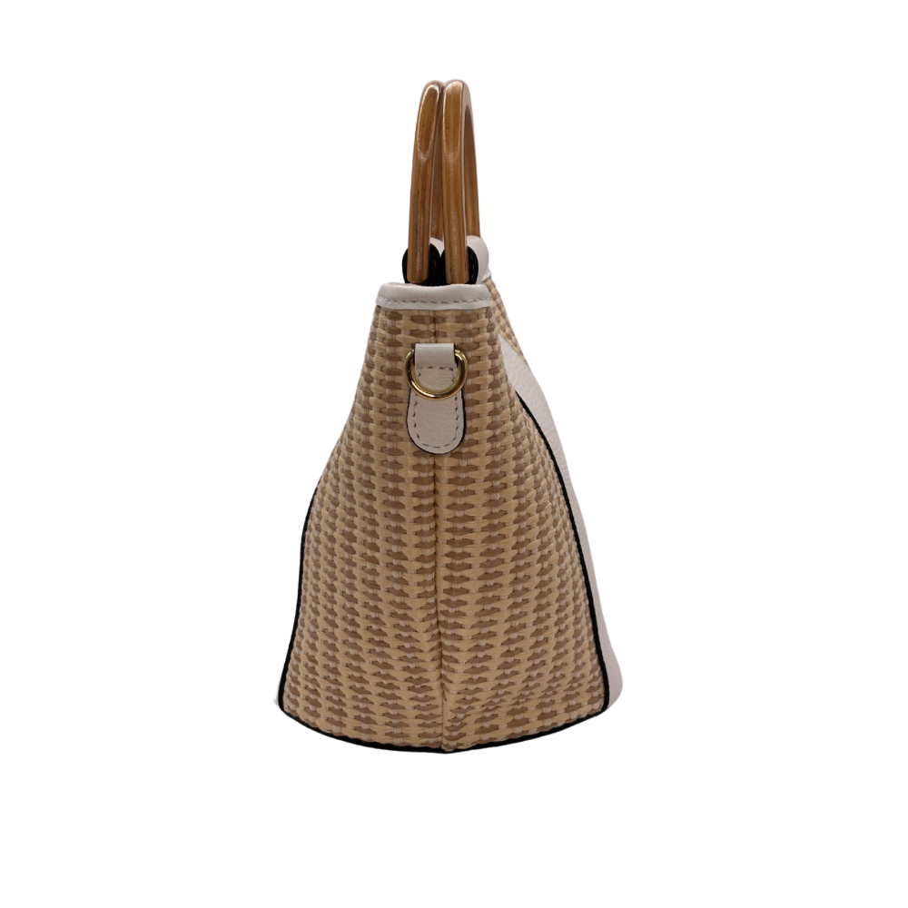 CM Bella Raffia Tote, Personalised Bag, Italian Raffia and White Leather with 2 Wooden Handles