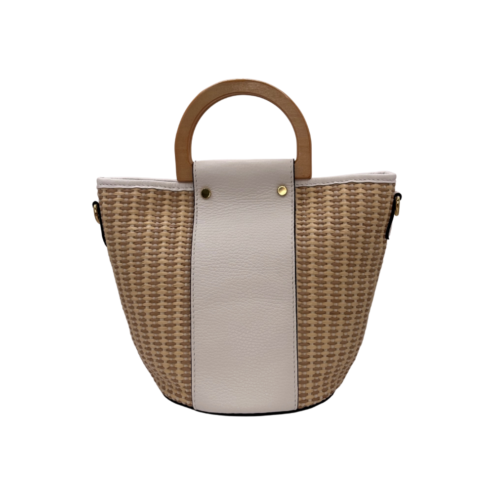 CM Bella Raffia Tote, Personalised Bag, Italian Raffia and White Leather with 2 Wooden Handles
