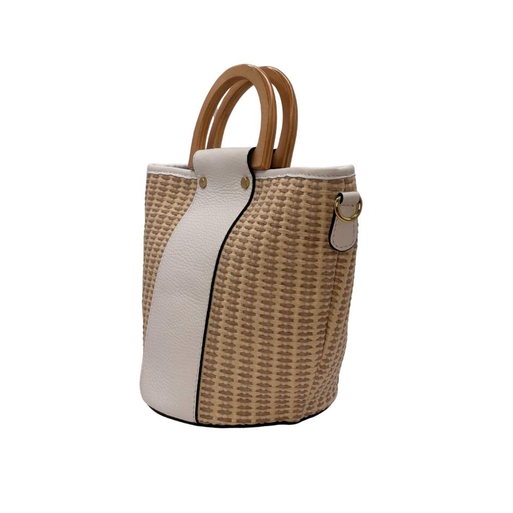 CM Bella Raffia Tote, Personalised Bag, Italian Raffia and White Leather with 2 Wooden Handles