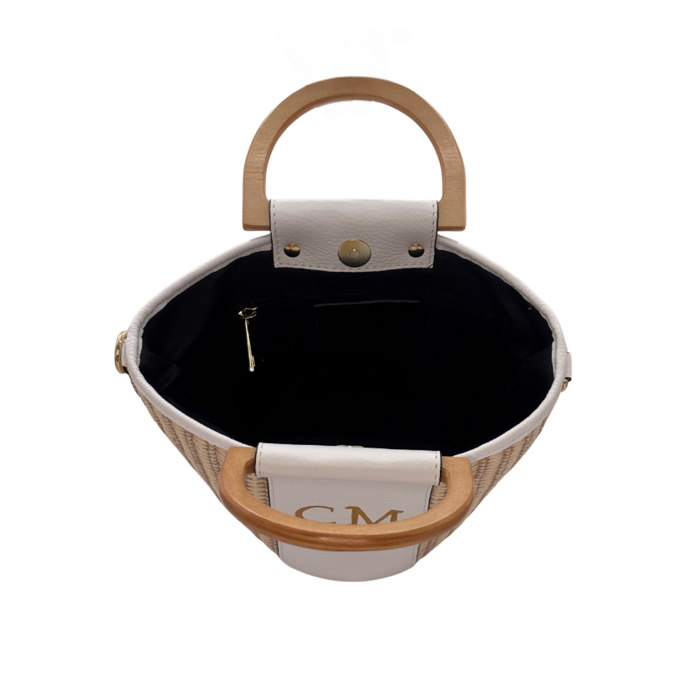 CM Bella Raffia Tote, Personalised Bag, Italian Raffia and White Leather with 2 Wooden Handles