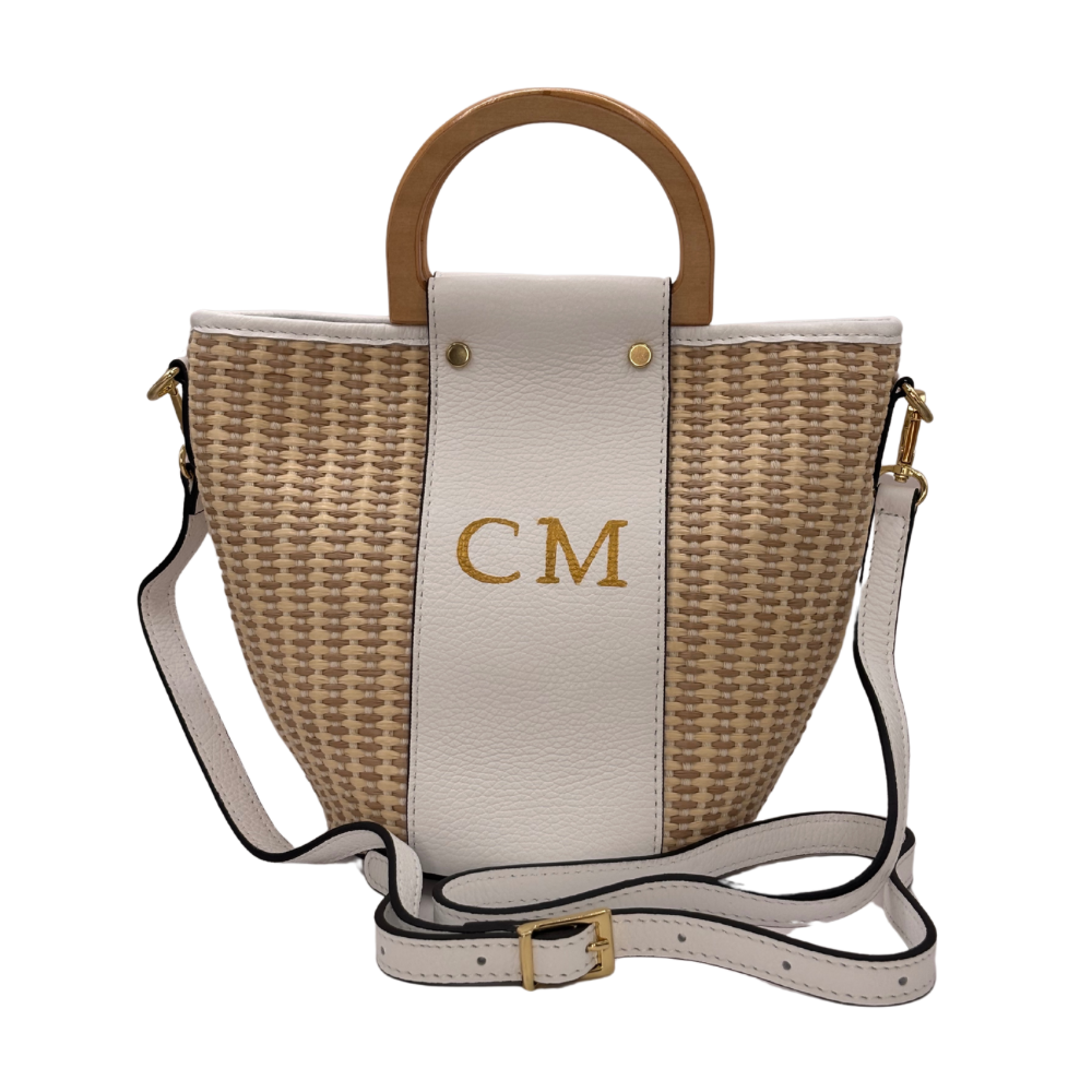 CM Bella Raffia Tote, Personalised Bag, Italian Raffia and White Leather with 2 Wooden Handles