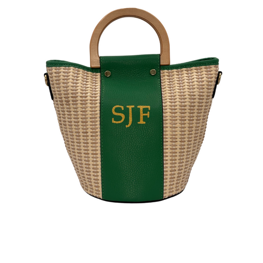 CM Bella Raffia Tote, Personalised Bag, Italian Raffia and Green Leather with 2 Wooden Handles