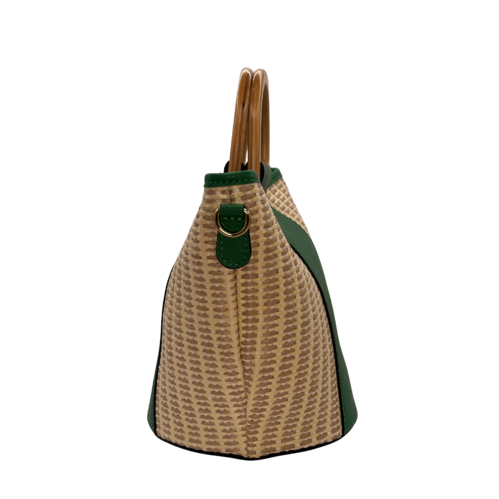 CM Bella Raffia Tote, Personalised Bag, Italian Raffia and Green Leather with 2 Wooden Handles