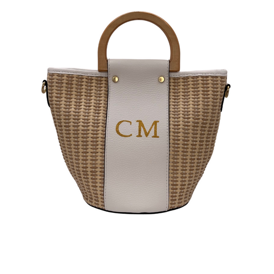 CM Bella Raffia Tote, Personalised Bag, Italian Raffia and White Leather with 2 Wooden Handles