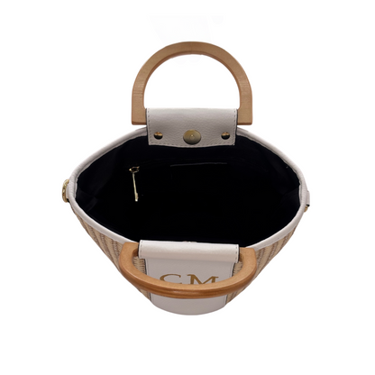 CM Bella Raffia Tote, Personalised Bag, Italian Raffia and White Leather with 2 Wooden Handles