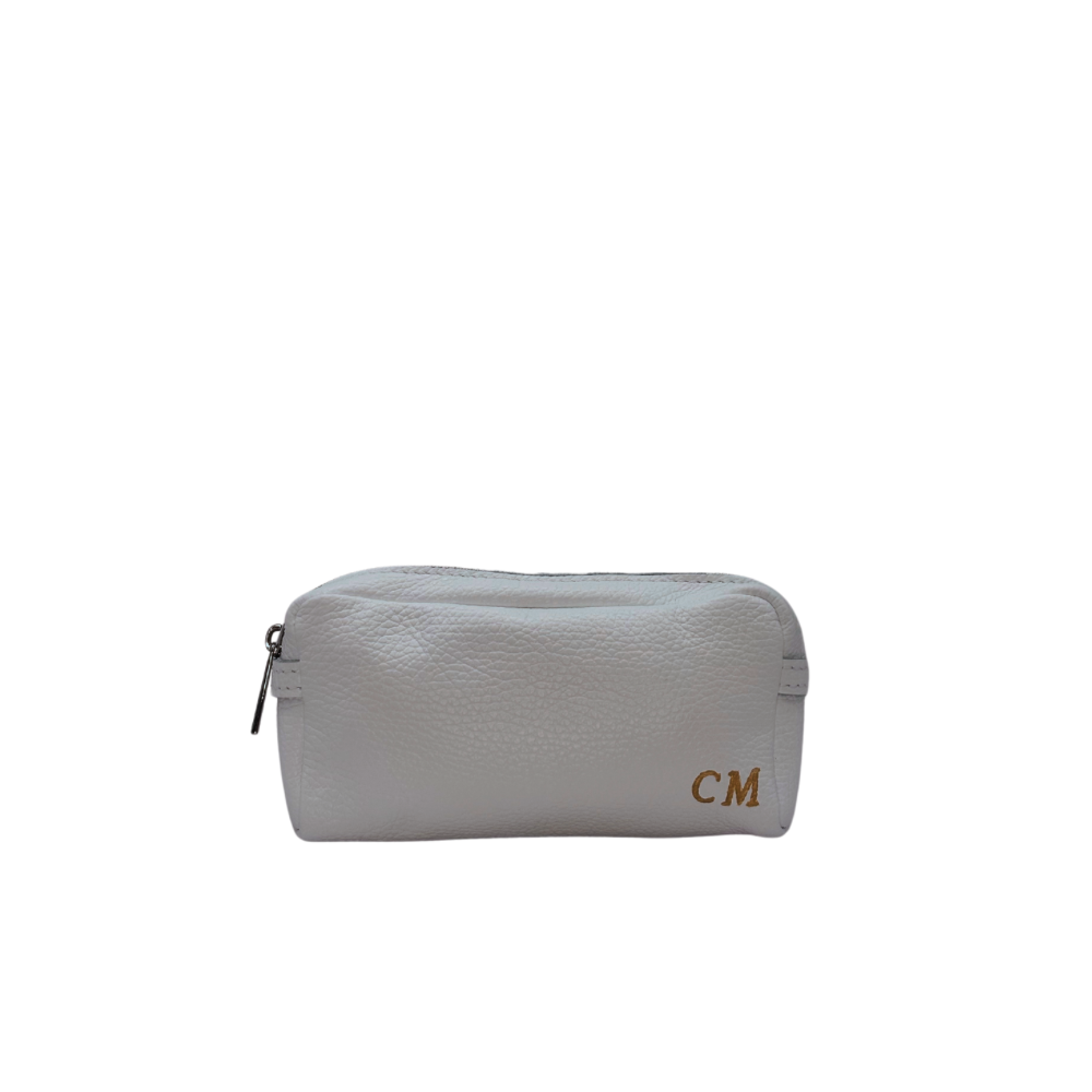 CM Makeup Bag, Personalised, in White Leather